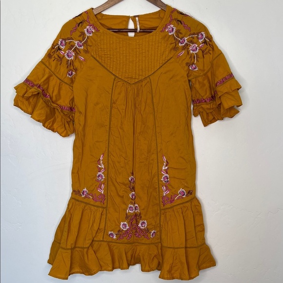 Free People Mini Dress Mustard Yellow Boho Embroidered Ruffle XS Hippie Festival - Picture 3 of 6